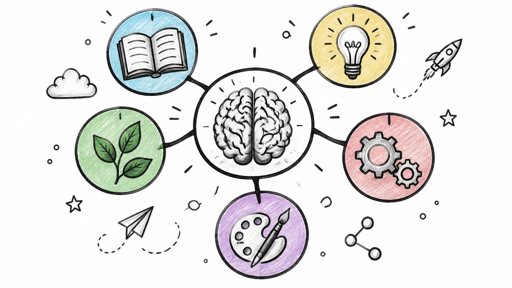 A central brain icon surrounded by colorful circles representing education, nature, innovation, creativity, and mechanical engineering skills.
