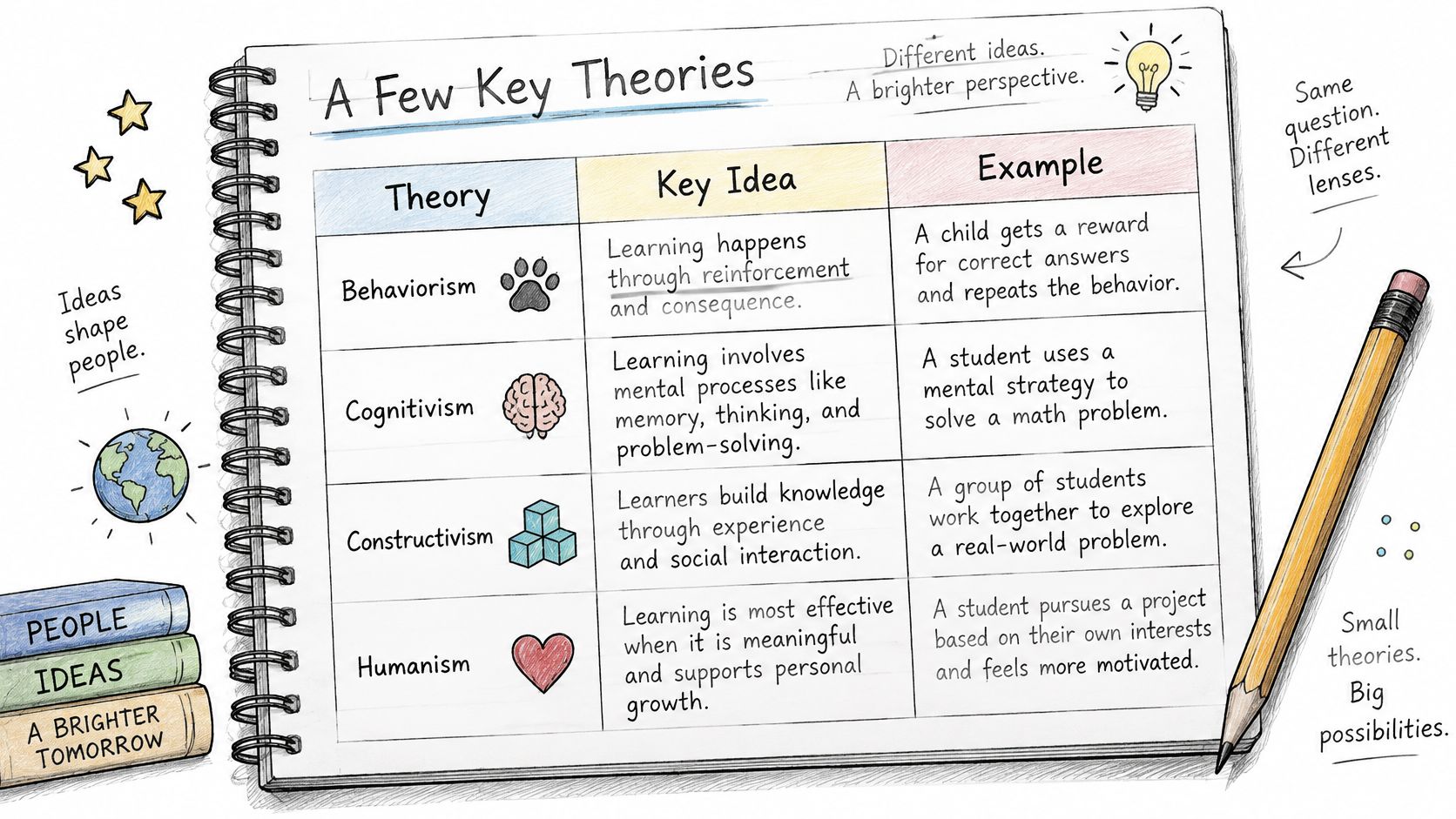 A hand-drawn educational chart illustrating four key learning theories: Behaviorism, Cognitivism, Constructivism, and Humanism.