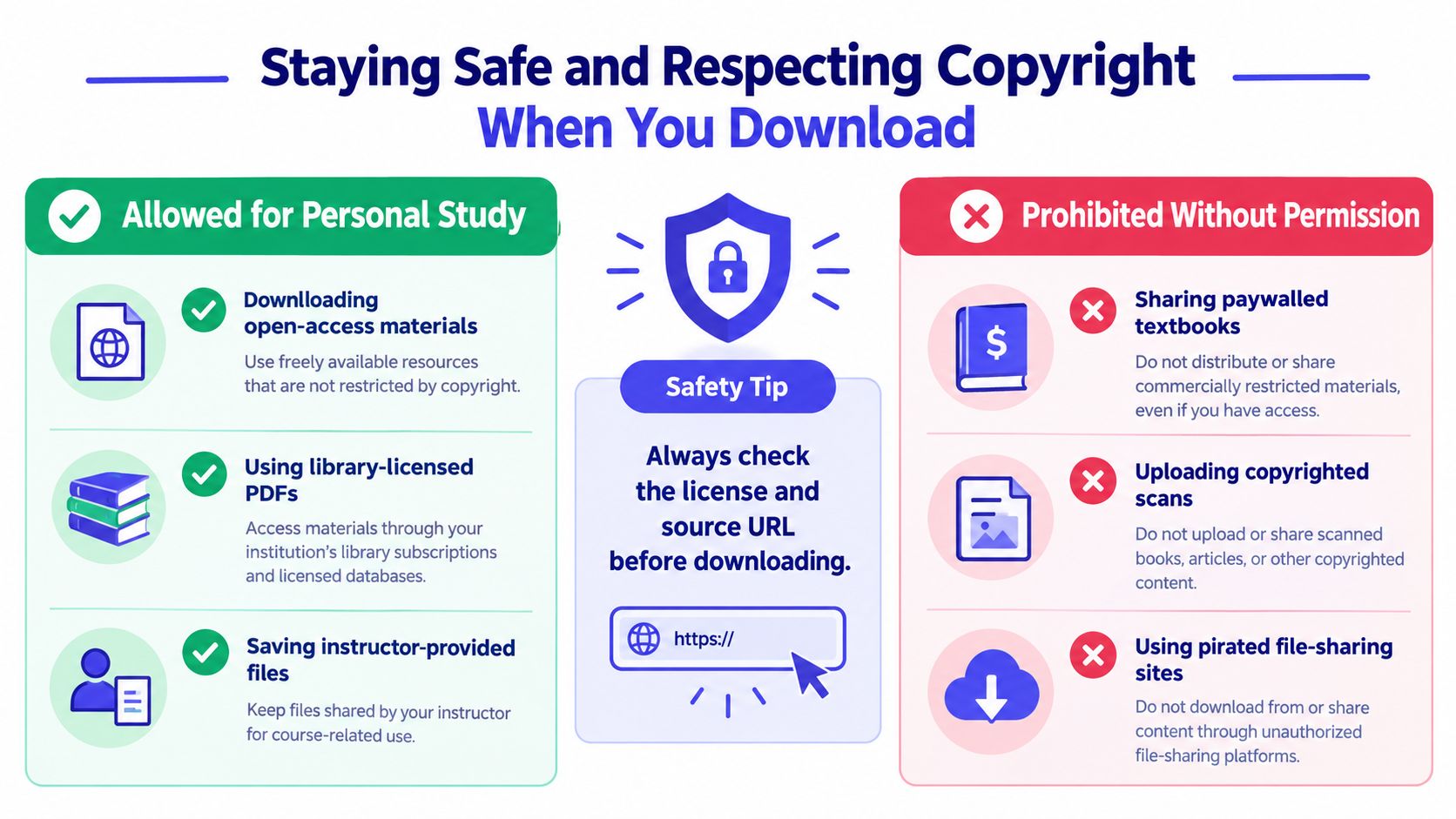 An infographic titled Staying Safe and Respecting Copyright When You Download, showing allowed and prohibited downloading practices.