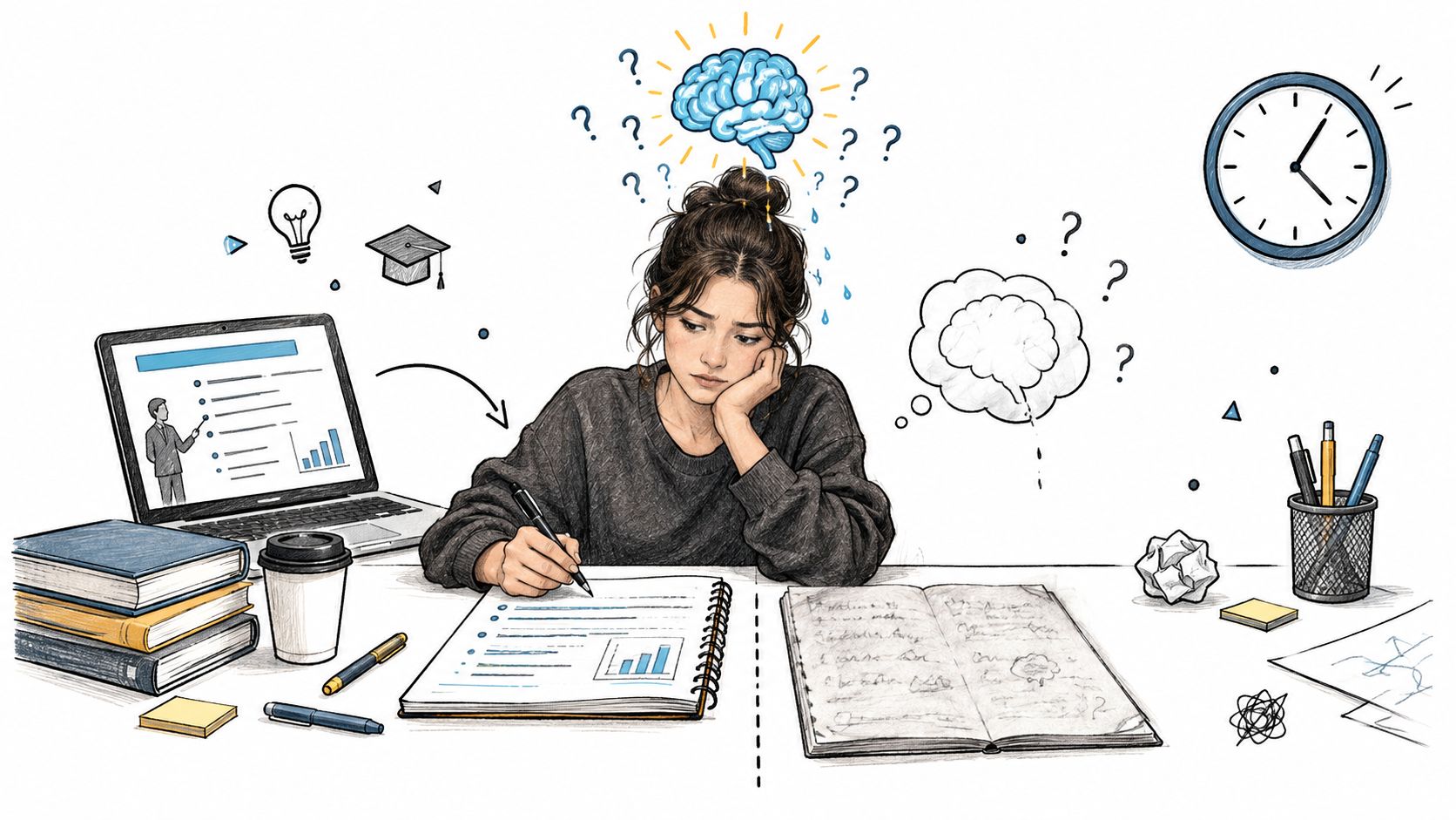 A tired student studying at a desk with a laptop, notebooks, coffee, and a floating brain illustration.