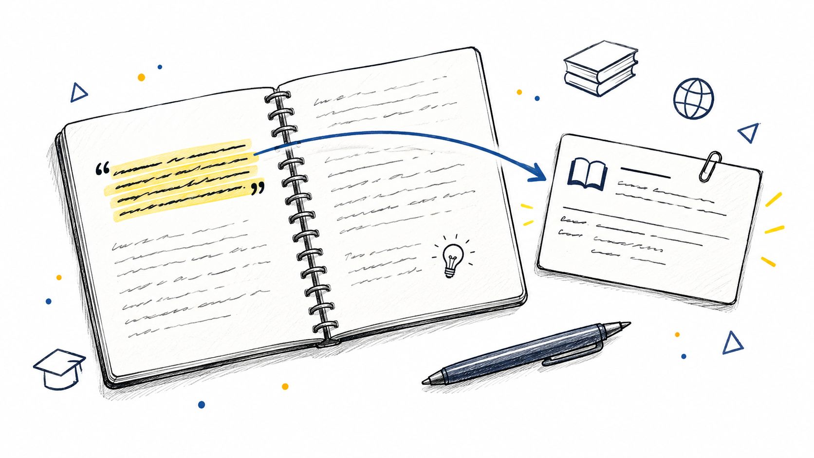 A sketched illustration showing a highlighted quote from an open notebook being transferred to a separate note card.