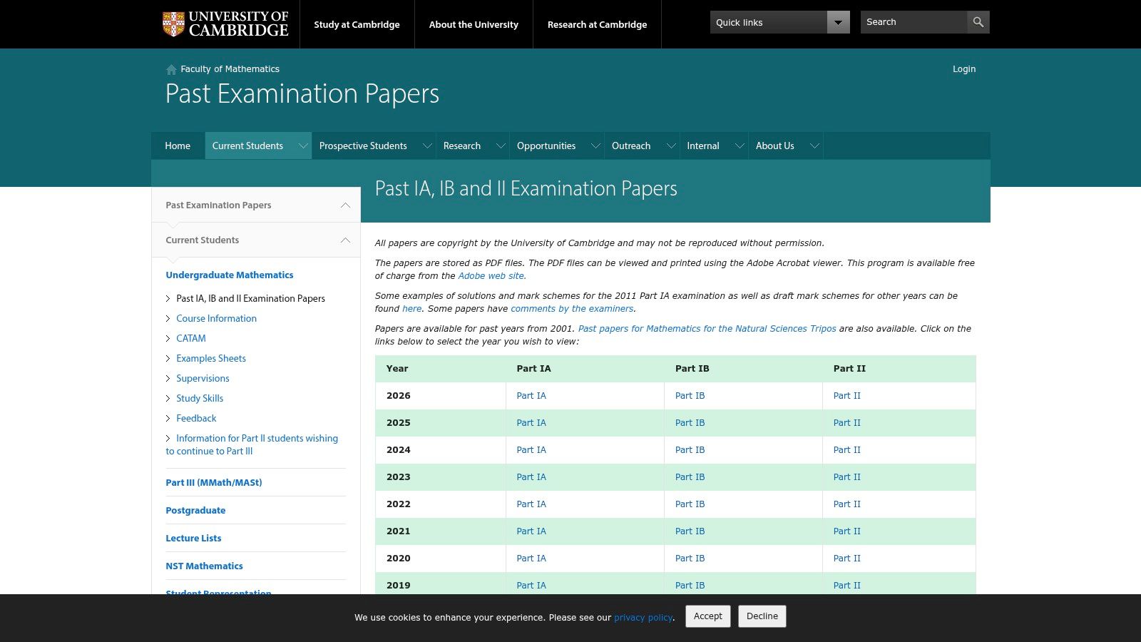 University of Cambridge – Faculty of Mathematics Past Examination Papers