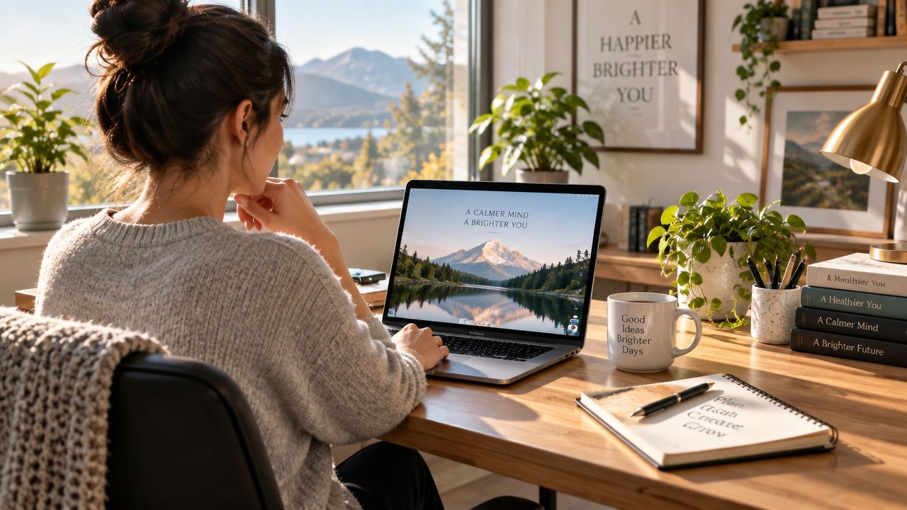 A woman working on a laptop at a sunny desk with plants and a view of mountains.