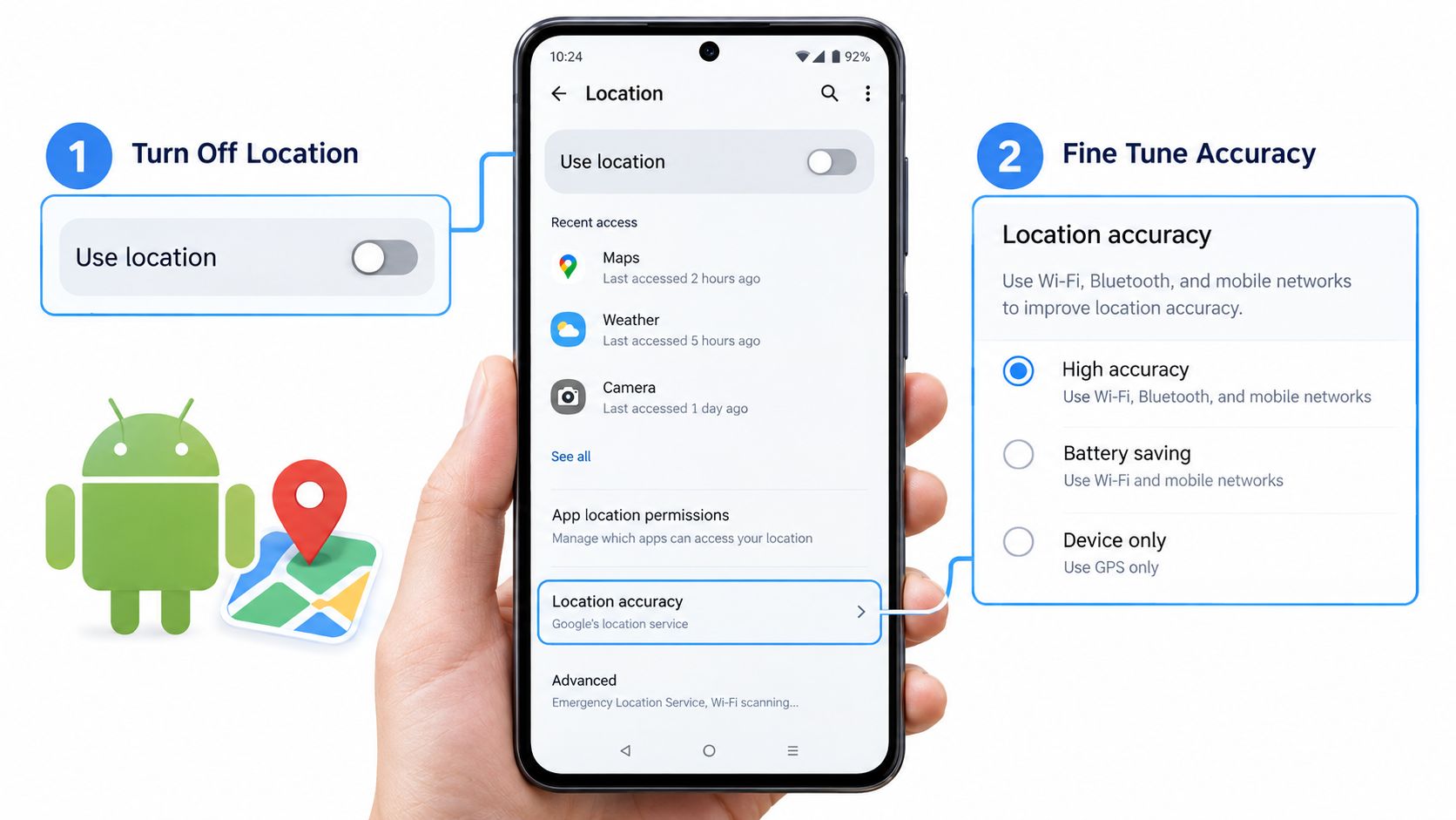 A hand holding a smartphone displaying the Android location settings menu for toggling and adjusting accuracy.