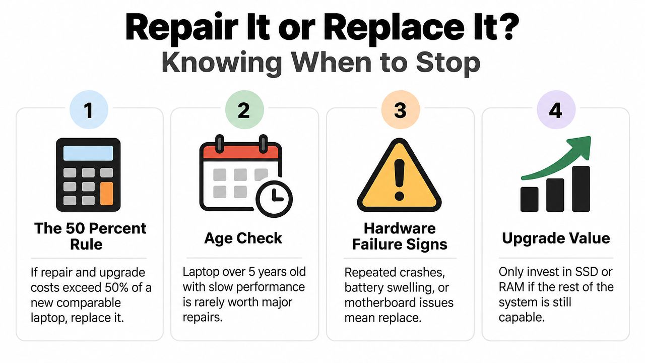 An infographic titled Repair It or Replace It listing four factors to consider when upgrading a laptop.