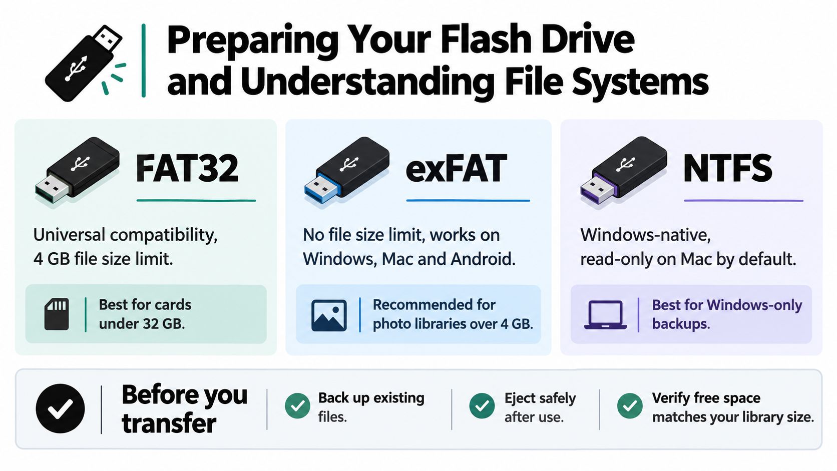 A helpful infographic comparing FAT32, exFAT, and NTFS flash drive file systems with data transfer tips.