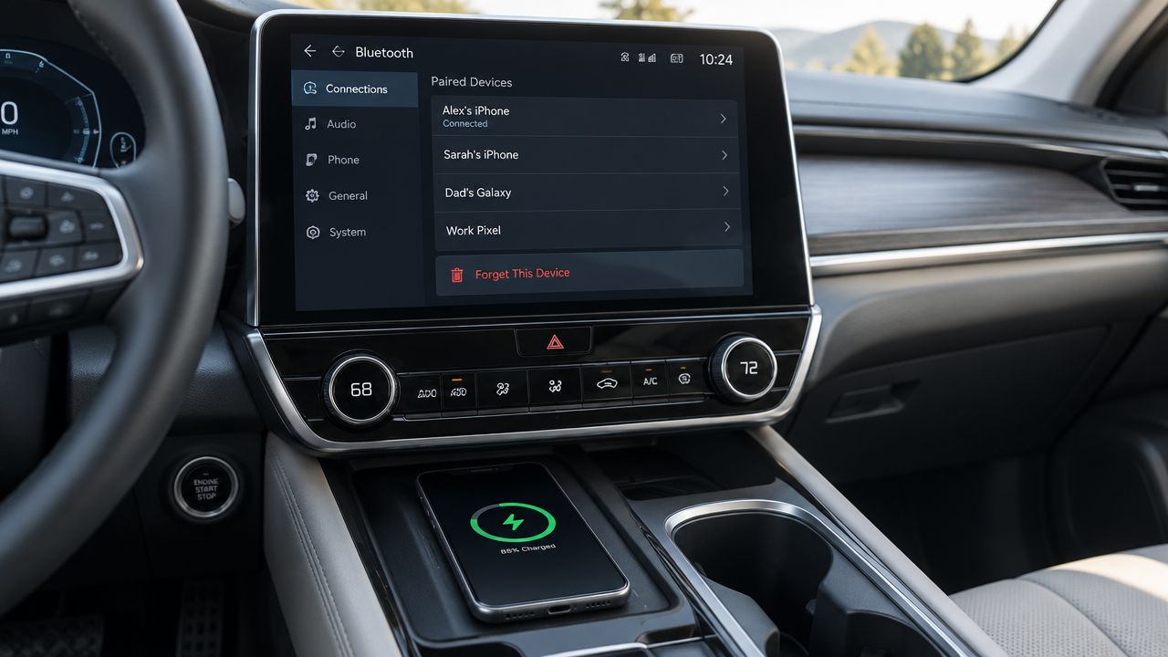 A modern car dashboard displaying Bluetooth settings on the touchscreen infotainment system with a smartphone charging wirelessly.