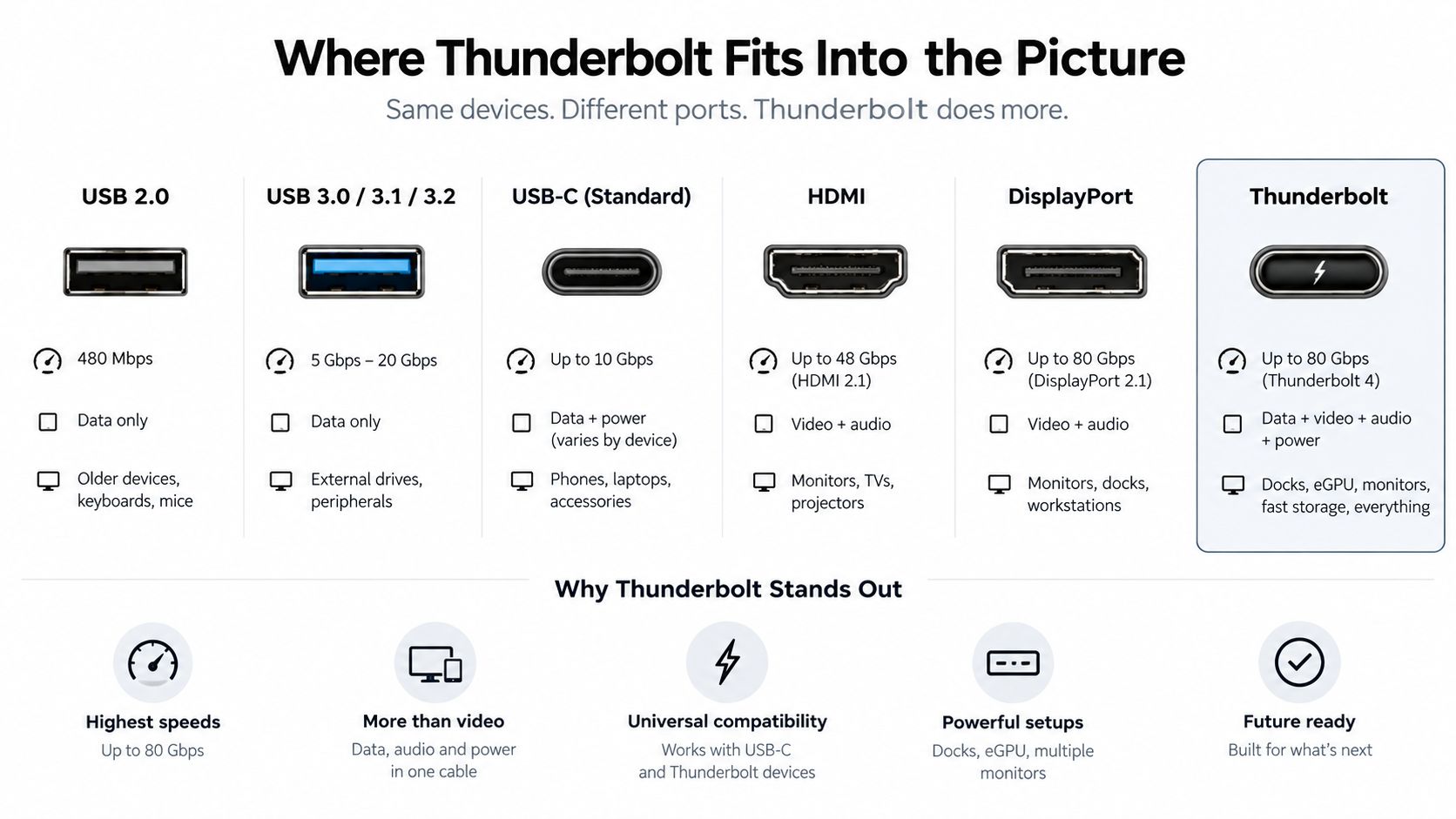 A comparison chart showing how Thunderbolt technology compares to USB, HDMI, and DisplayPort interface capabilities.