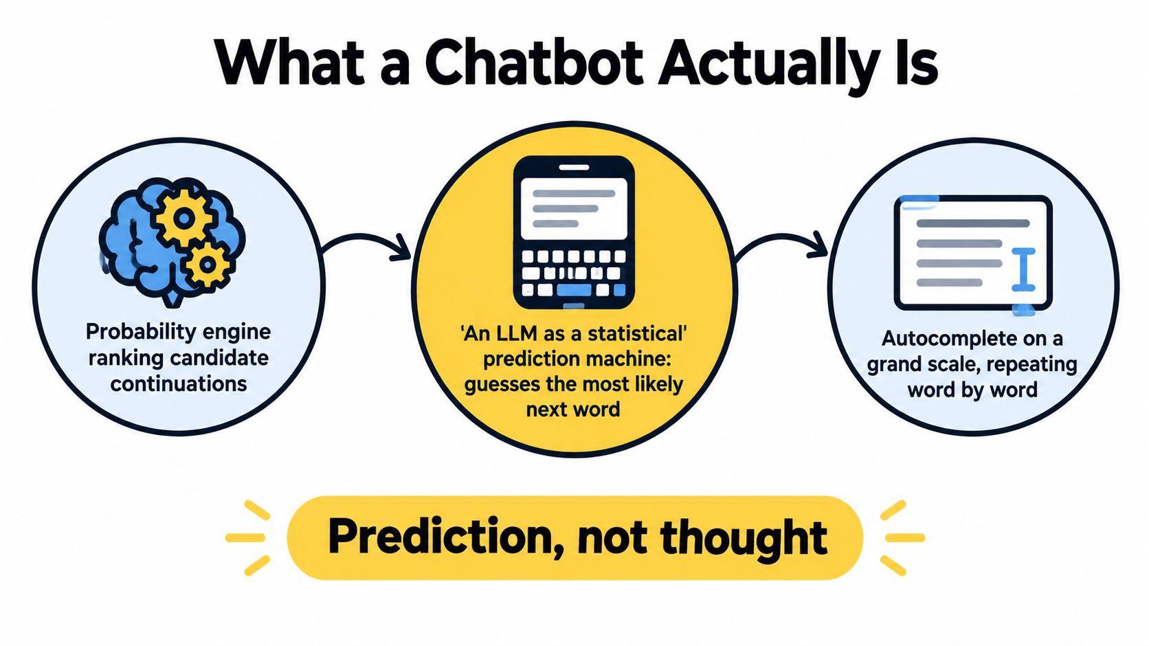 A diagram explaining that an AI chatbot functions as a statistical prediction engine, not sentient thought.