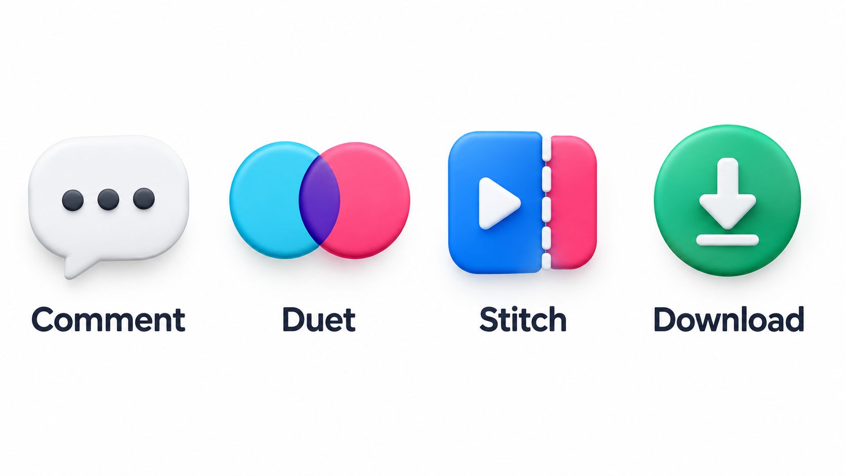 Four 3D glossy social media icons representing comment, duet, stitch, and download functions on a white background.