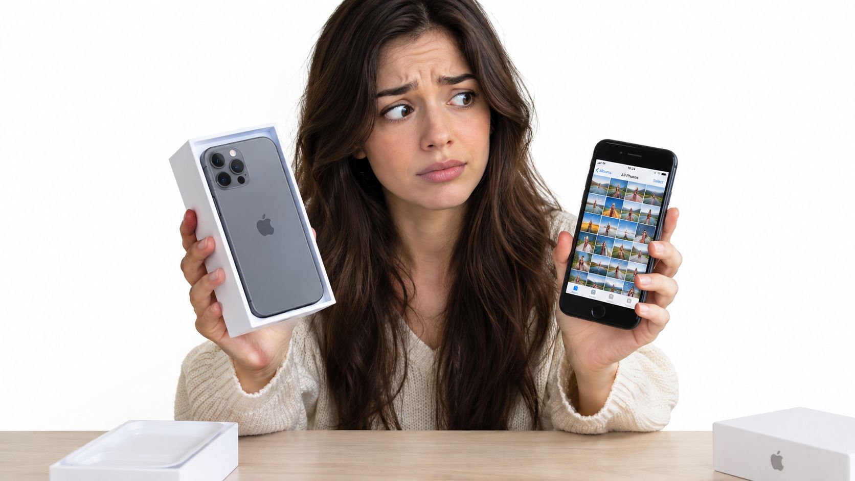 A confused young woman holding a new boxed iPhone alongside her current iPhone displaying photo gallery.