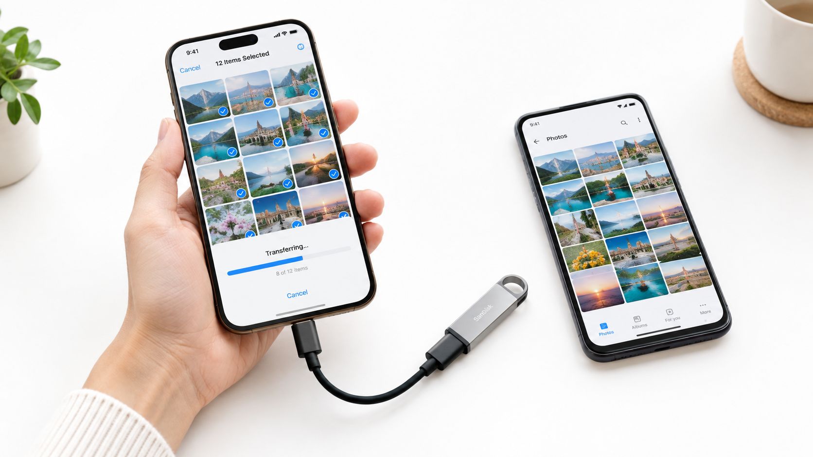 A person holding an iPhone connected to a SanDisk flash drive transferring photo files to a drive.