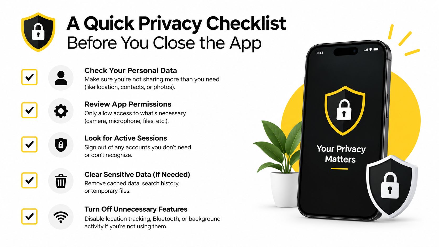 A digital infographic listing a five-step privacy checklist for app users to protect their personal information.