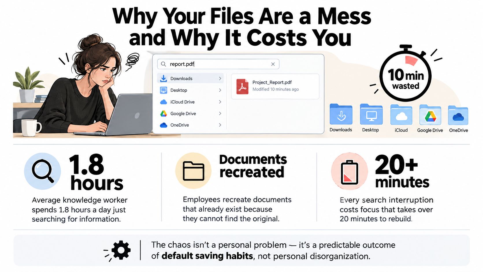 A woman looks frustrated at her laptop while trying to search for lost digital files and documents.