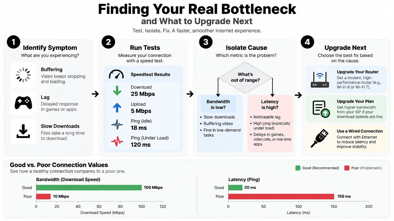An infographic titled Finding Your Real Bottleneck showing a four-step process to diagnose internet connection speed and latency issues.