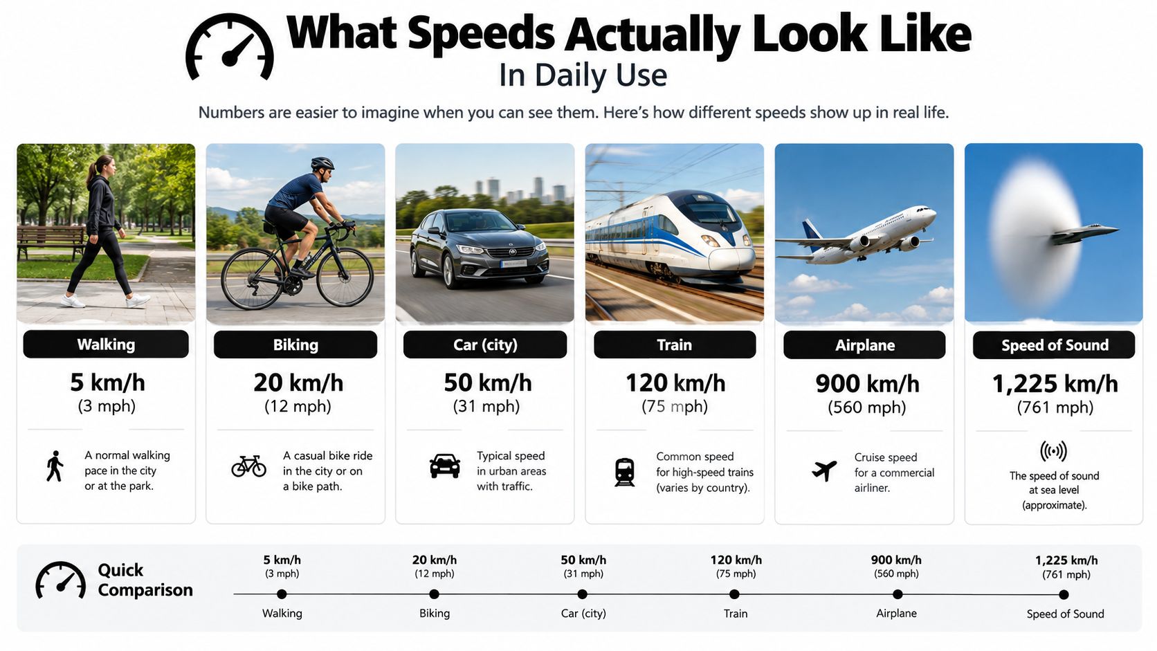 An infographic illustrating various speeds for walking, biking, driving, train travel, airplanes, and the speed of sound.