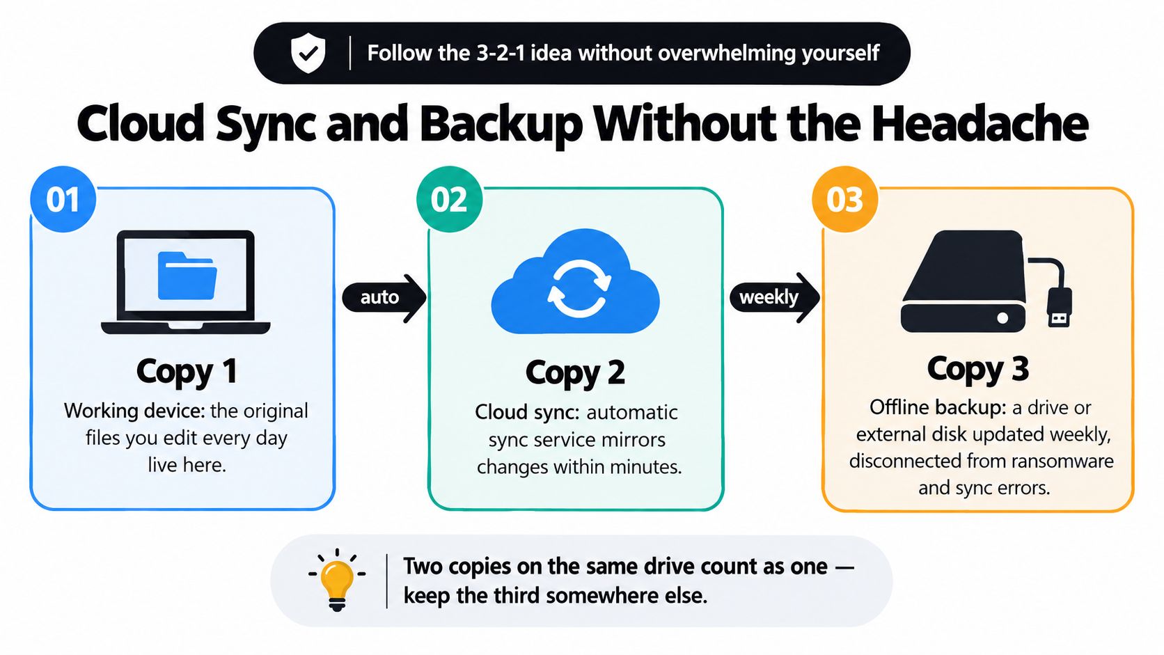 A diagram explaining the 3-2-1 backup strategy using a laptop, cloud storage, and an external drive.