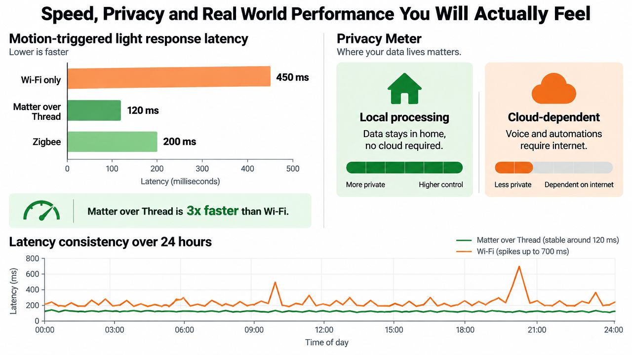 A comparison chart showing Matter over Thread smart home technology is faster and more reliable than Wi-Fi.
