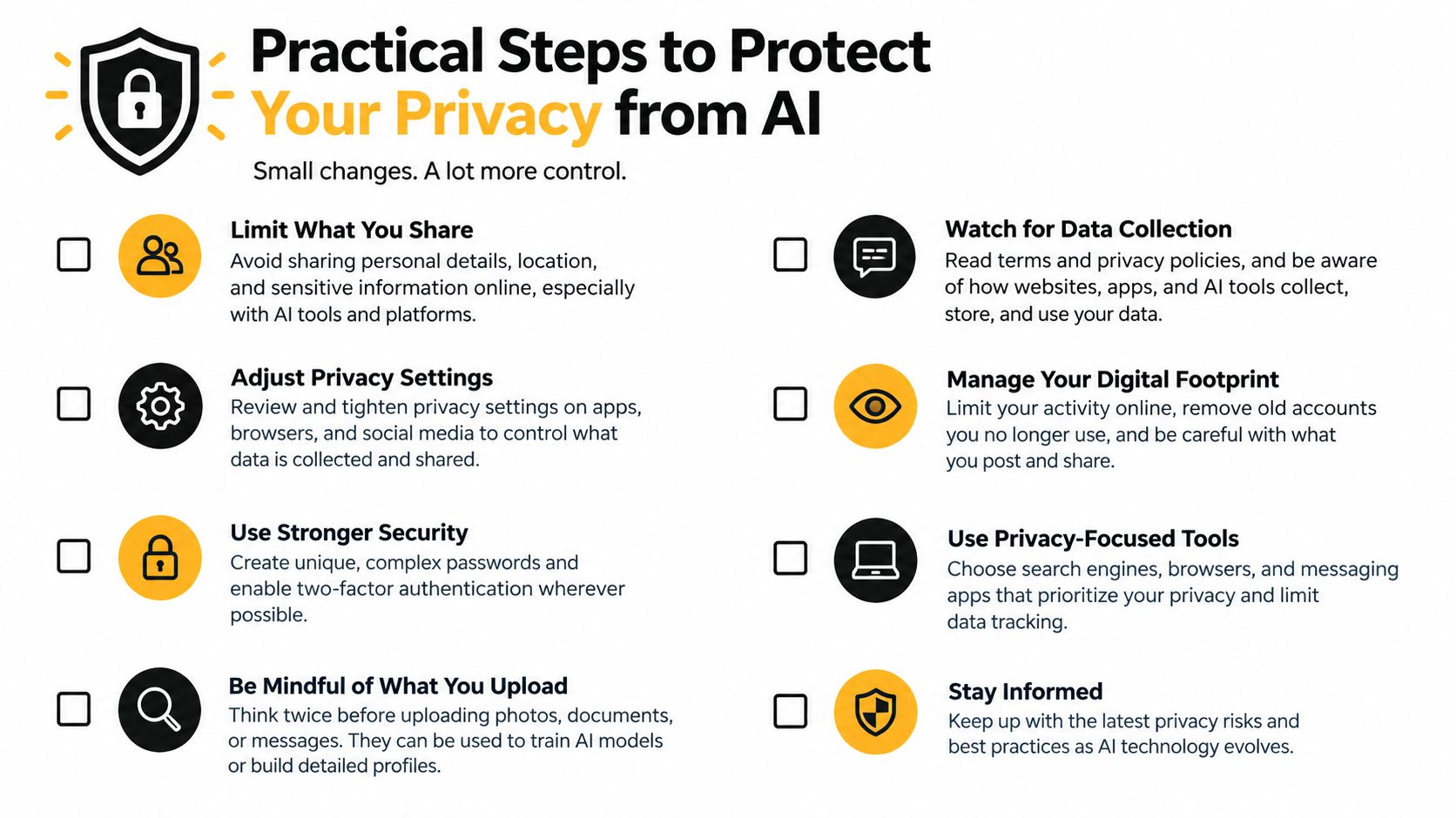 An infographic titled Practical Steps to Protect Your Privacy from AI, featuring eight actionable cybersecurity recommendations.