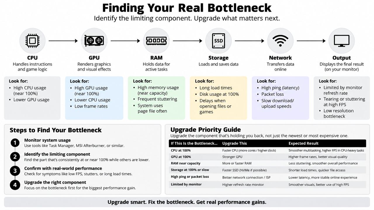 A diagnostic infographic explaining how to identify and resolve computer system bottlenecks for better gaming performance.