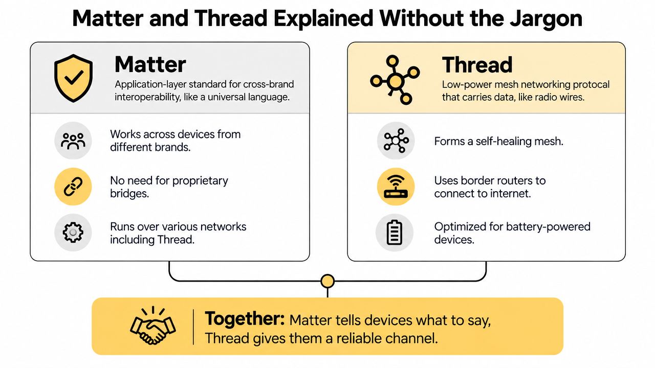 An infographic explaining the differences between Matter and Thread smart home standards and how they work together.