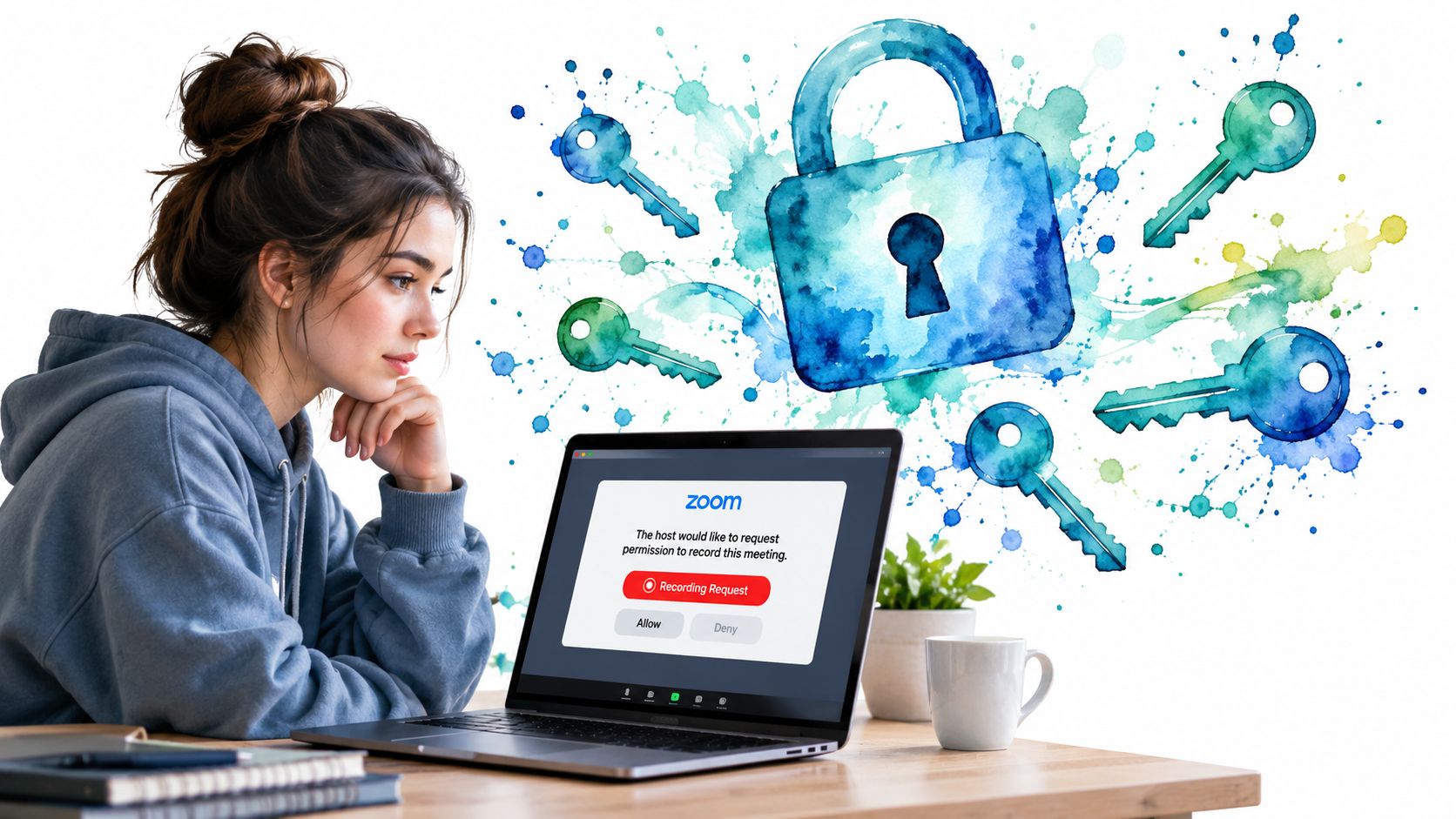 A young woman looking at a laptop screen showing a Zoom meeting recording request notification with digital security icons.