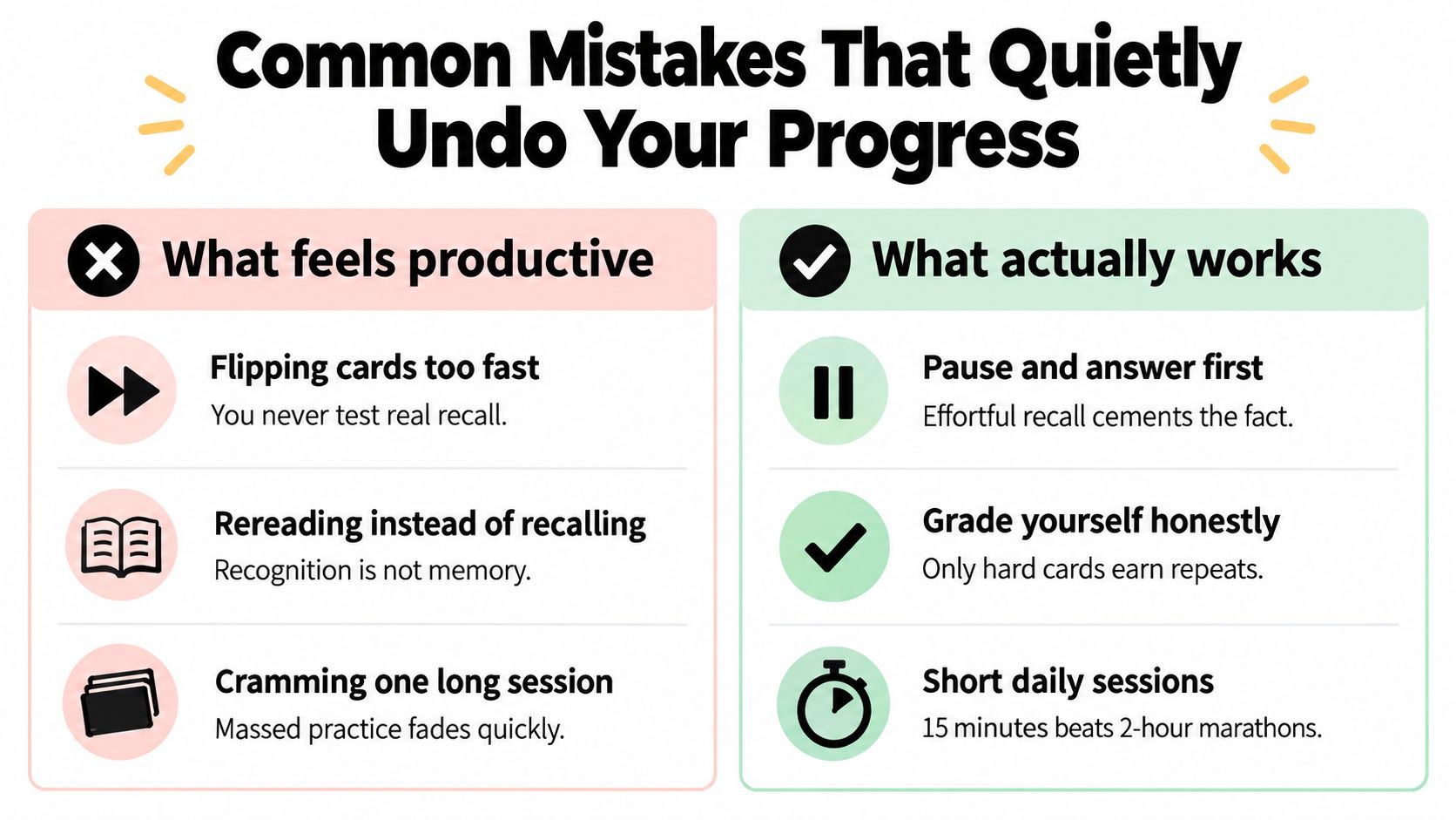 A comparison chart showing ineffective study habits versus effective flashcard study strategies to improve memory retention.