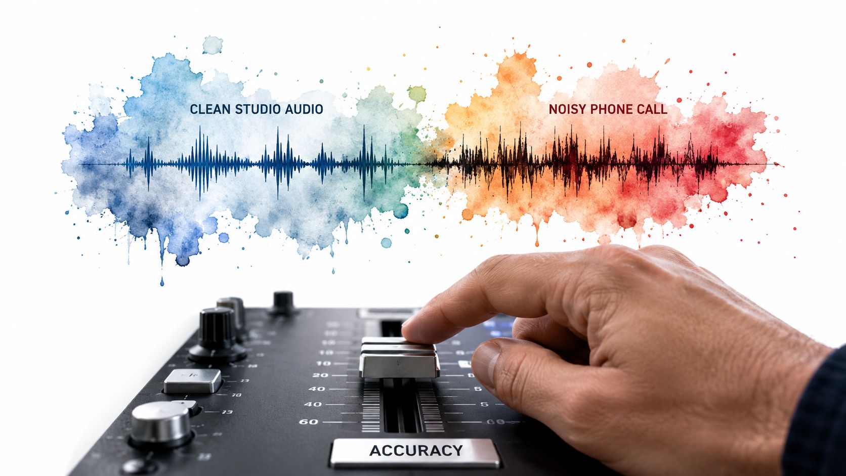 A hand adjusts a mixing console slider to transition between clean studio audio and noisy phone call.