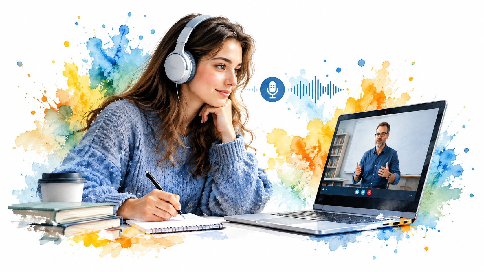 A female student wears headphones while taking notes during an online class on her laptop computer.