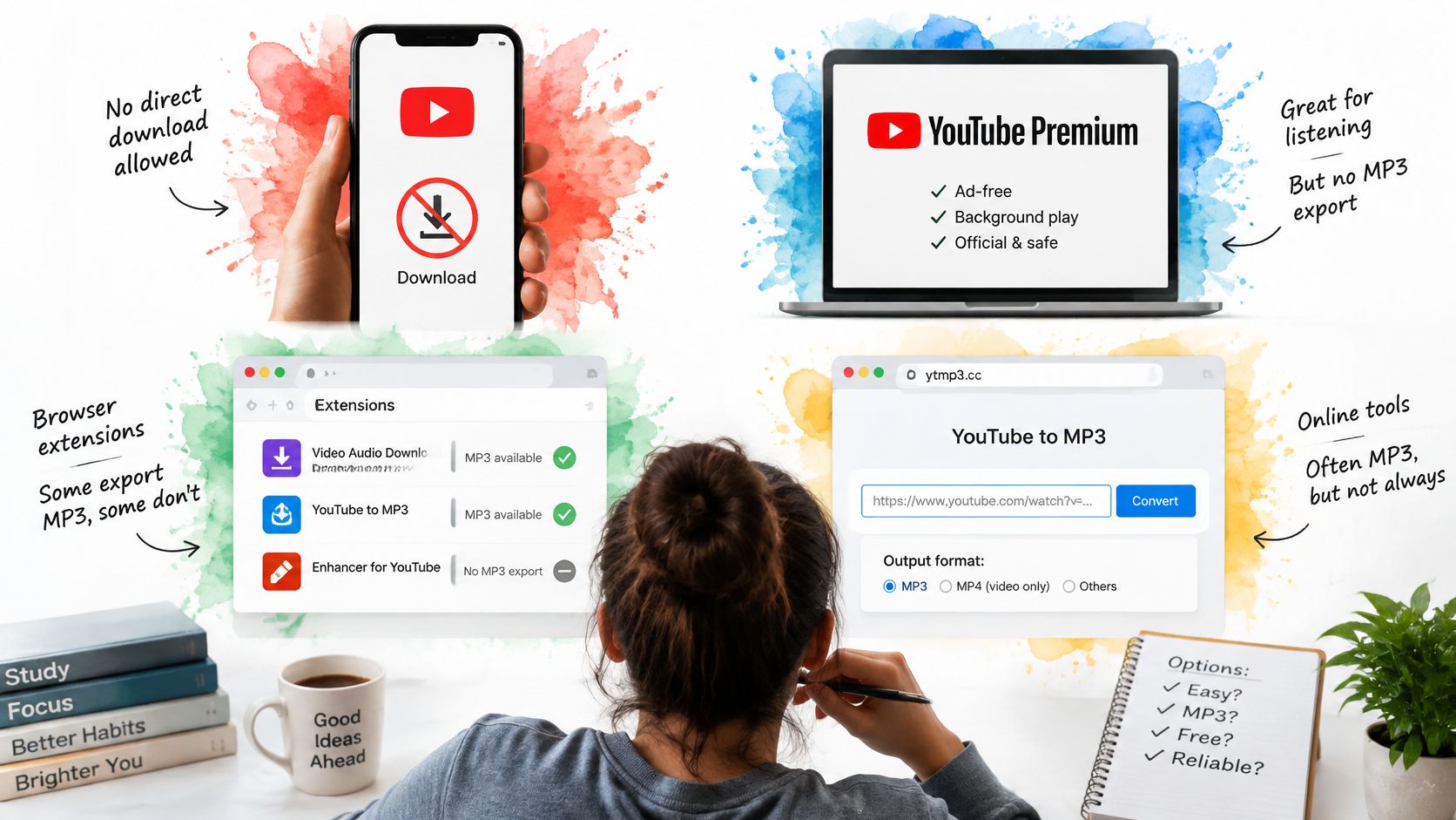 A person evaluating different methods for converting and downloading audio from YouTube videos on their desk.