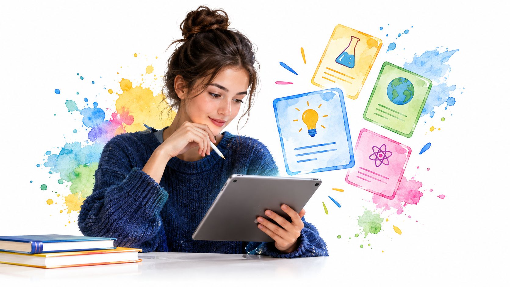 A young woman using a tablet to review educational digital flashcards with science and creative study icons.