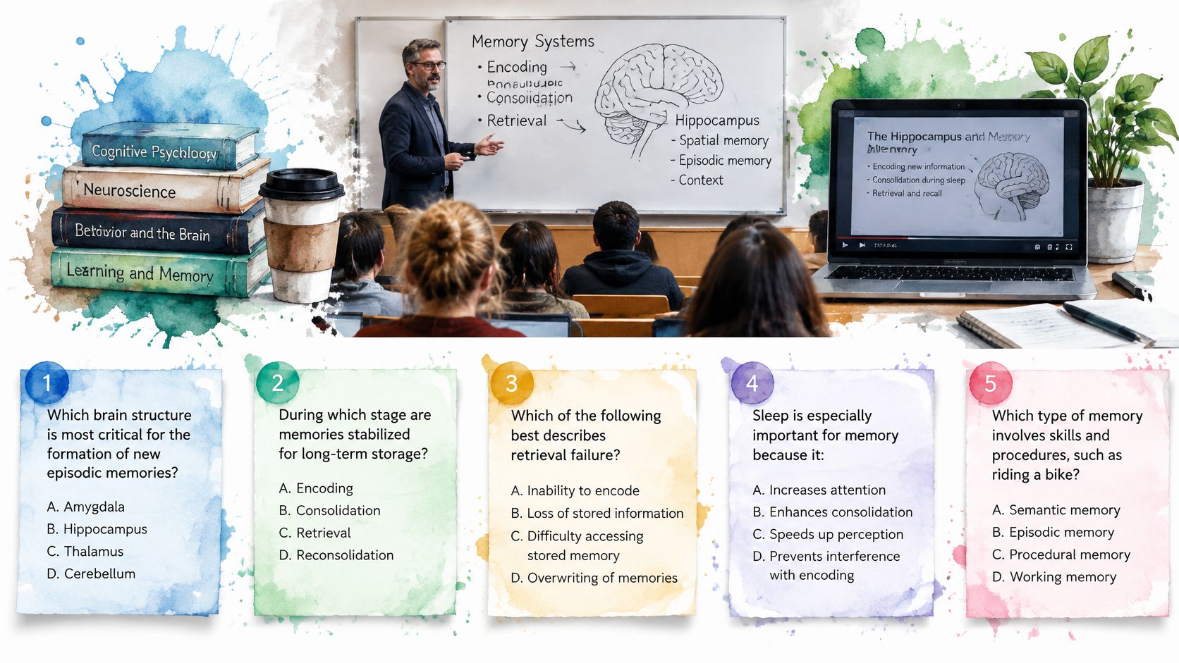A professor teaching a class about memory systems with students, books, and five multiple choice questions.