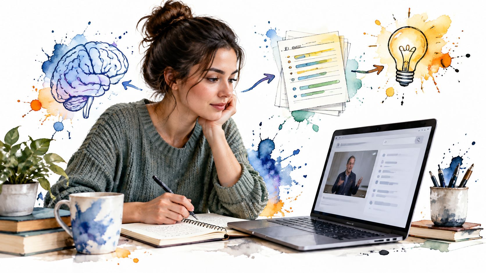 A woman studying while watching an online lecture on her laptop with notes and visual concepts nearby.