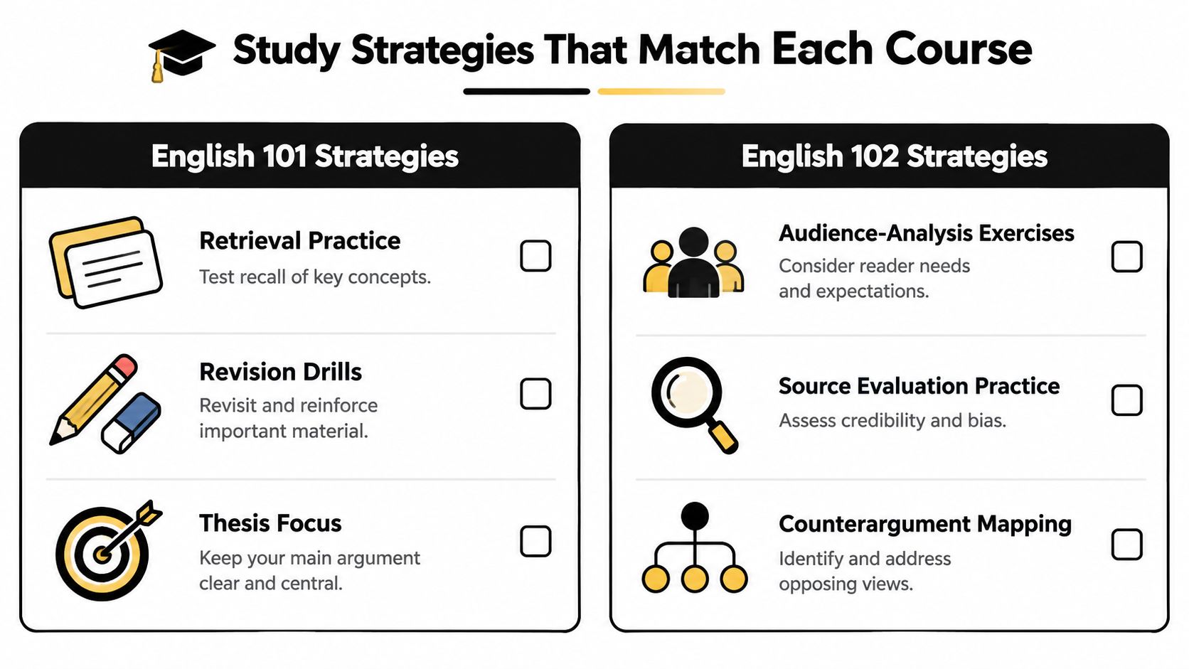 A chart illustrating effective study strategies for English 101 and English 102 college courses with icons.