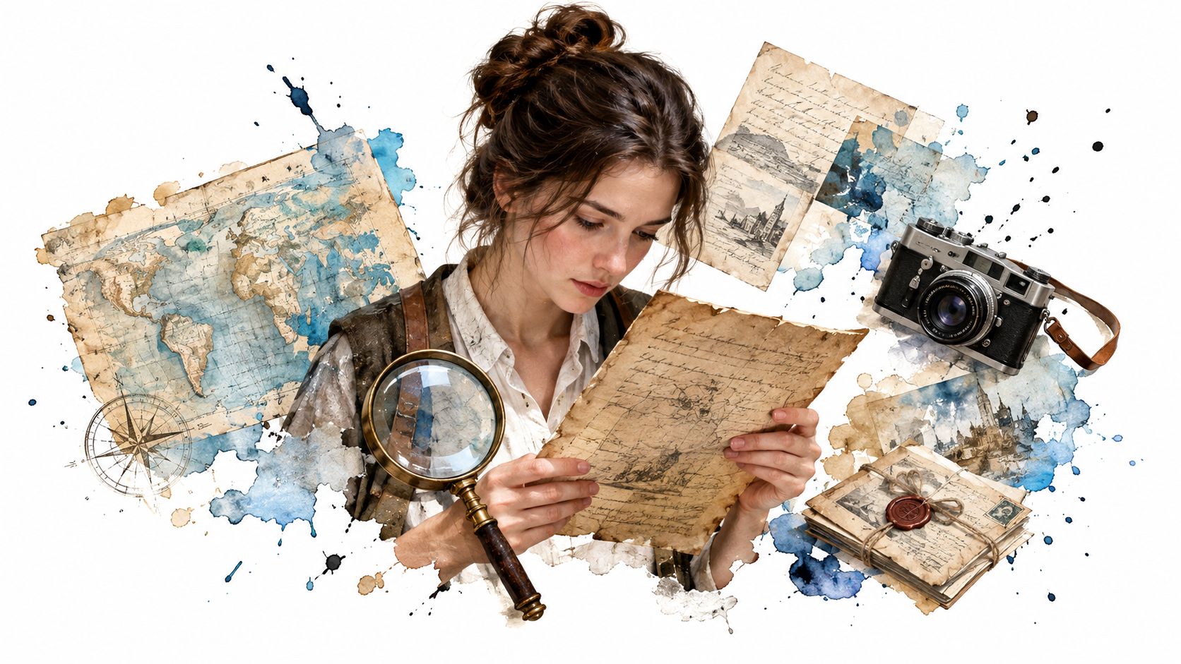 A young explorer with a magnifying glass examining historical maps and vintage documents for a history project.