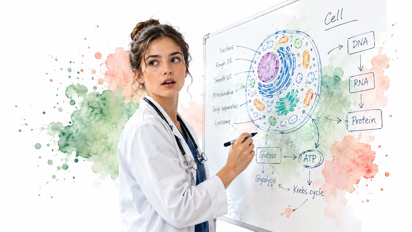 A female doctor in a white coat points at a diagram on a whiteboard explaining cellular biology.