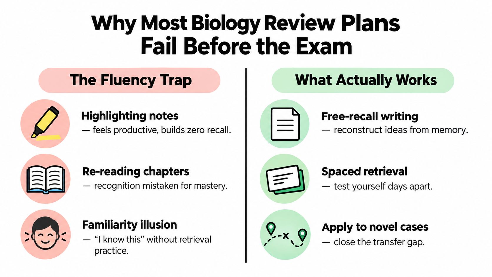 A comparison chart showing ineffective biology study habits like highlighting and effective techniques like active recall.
