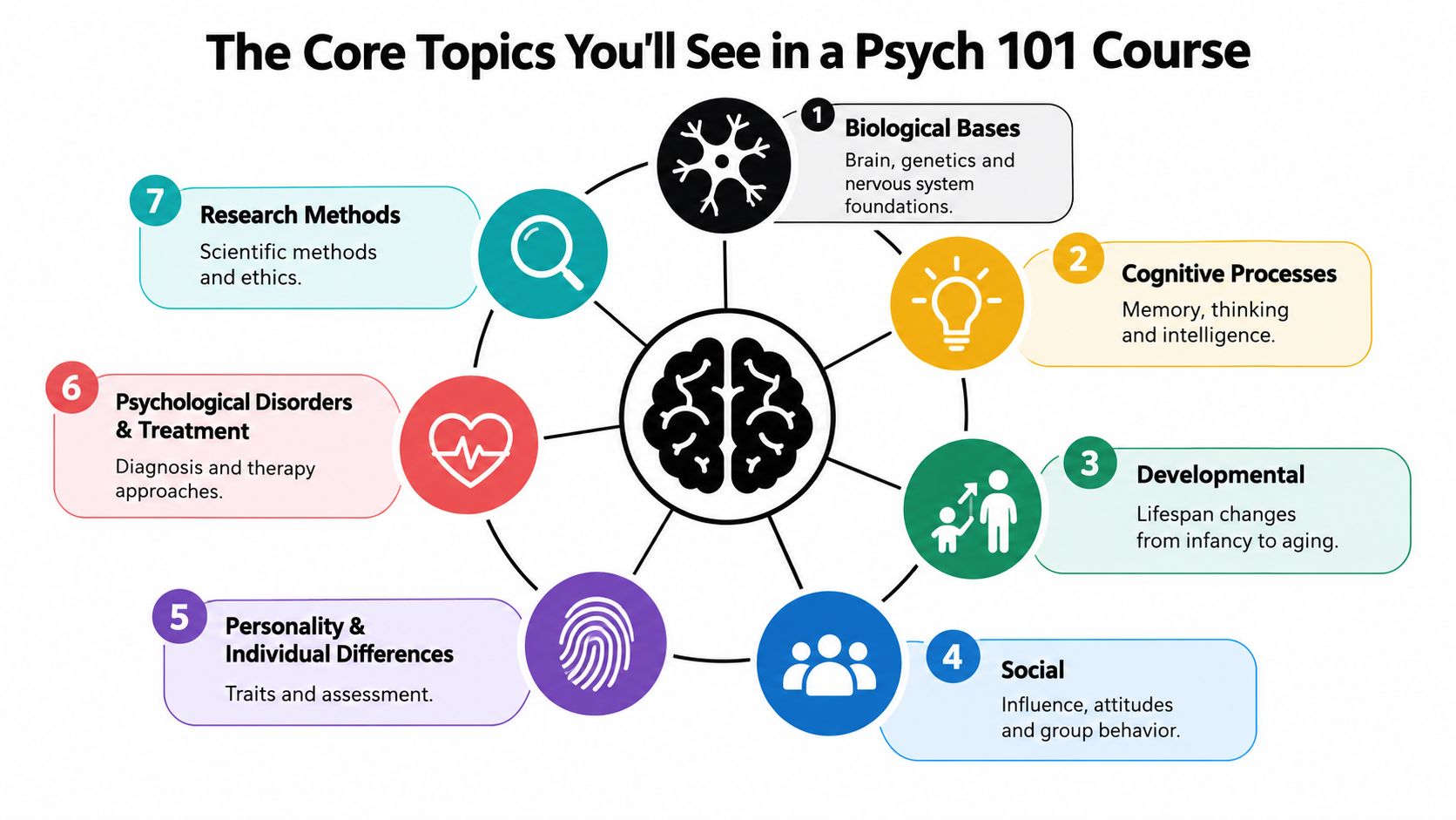 An infographic titled The Core Topics You'll See in a Psych 101 Course displaying seven key subject areas.
