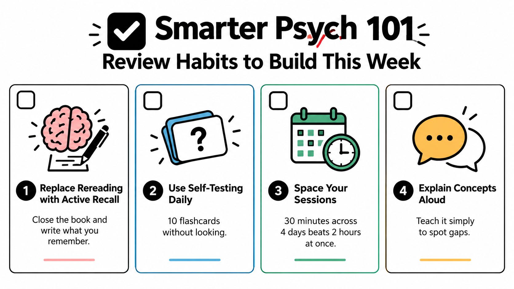 An infographic detailing four effective study habits for students to improve learning, labeled with numbered steps.