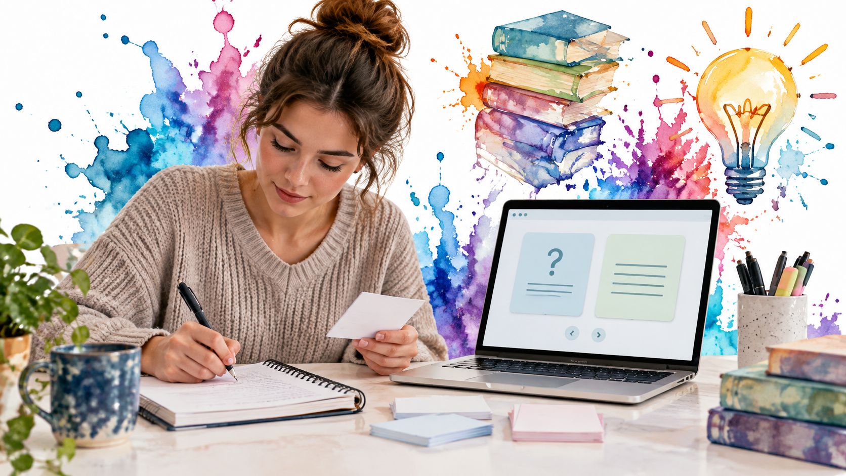 A young woman studying at a desk with a laptop, books, and watercolor creative elements.