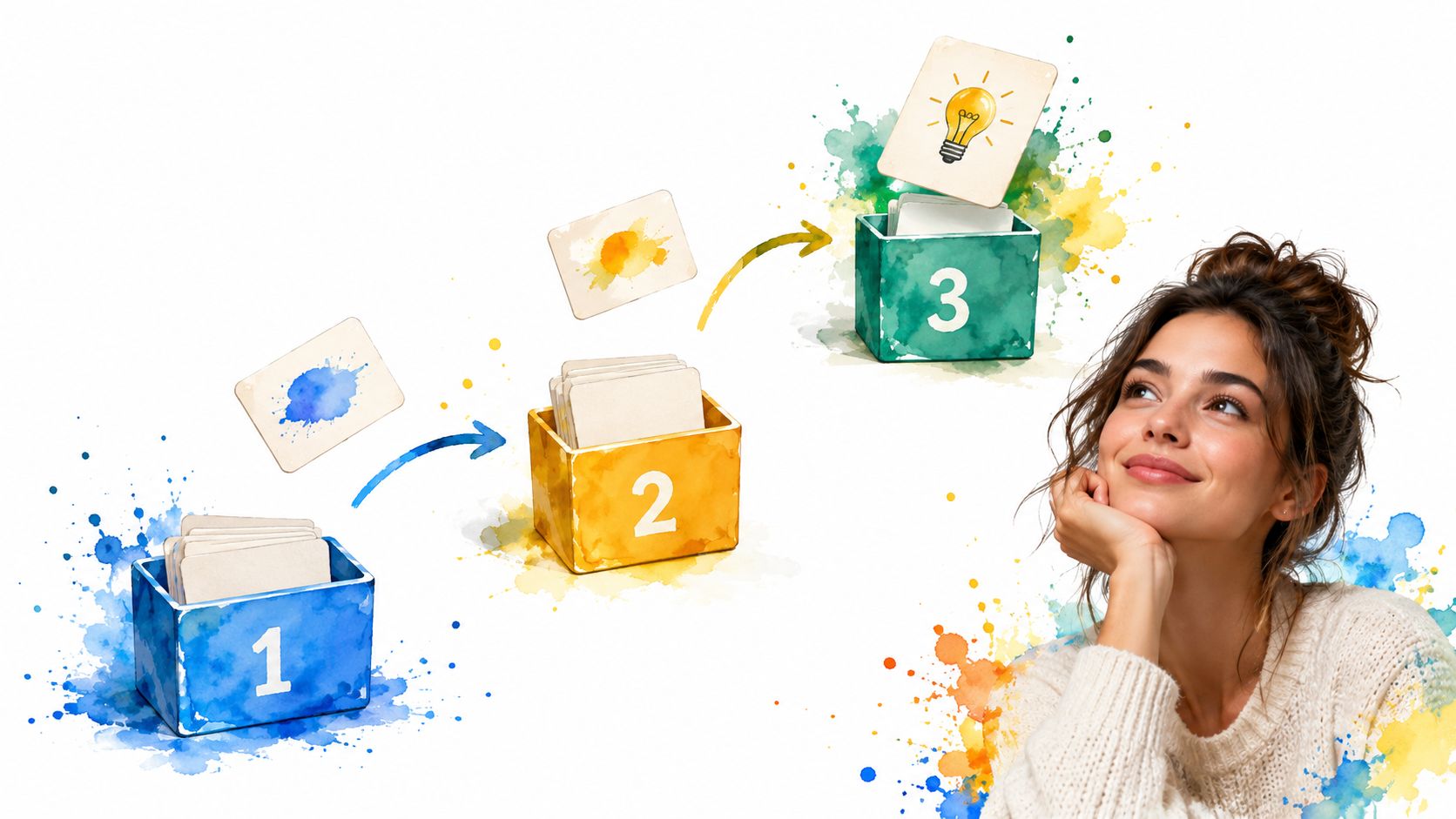 A woman looks thoughtfully at a visual process of learning with flashcards moving between numbered boxes.