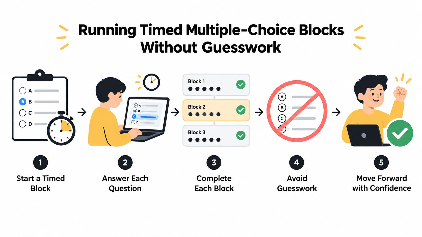 A step-by-step infographic illustrating how to manage timed multiple-choice practice blocks effectively to improve test performance.