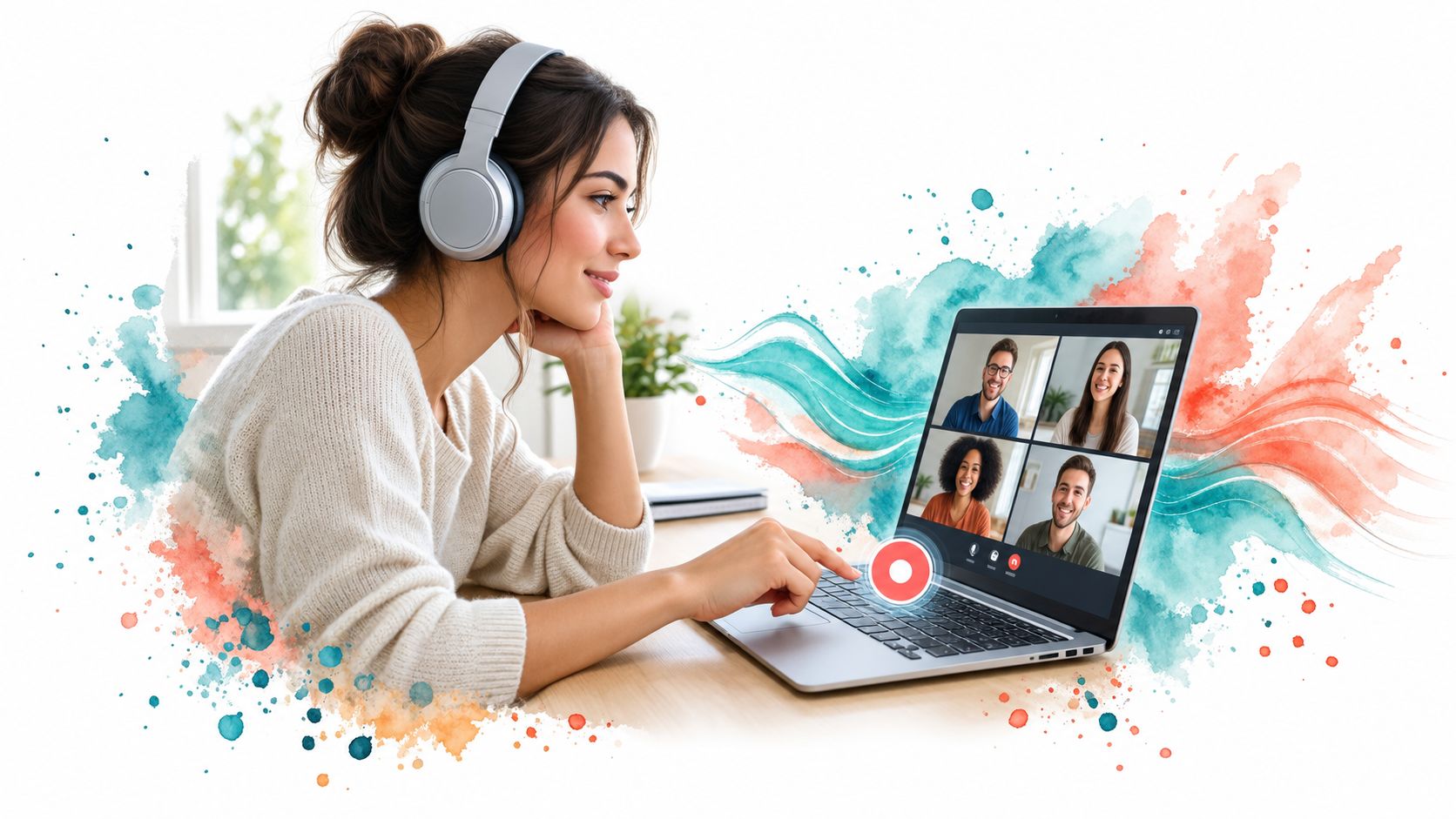 A woman wearing headphones participating in an online video conference on a laptop computer.