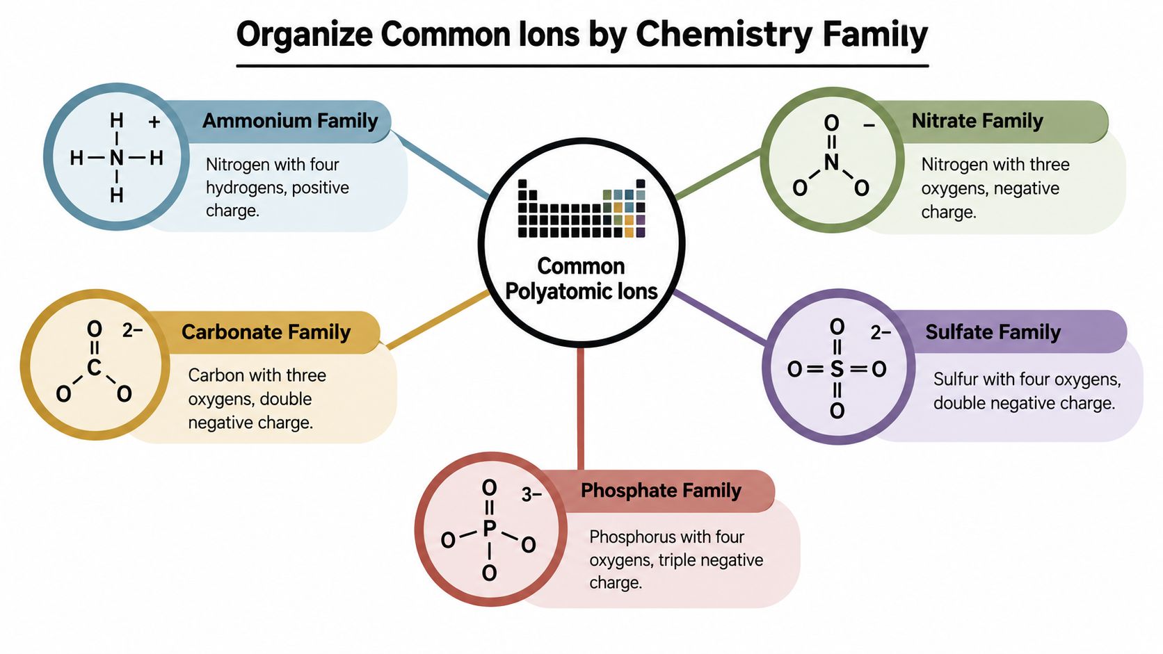 A diagram organizing common polyatomic ions like ammonium, nitrate, carbonate, sulfate, and phosphate into families.