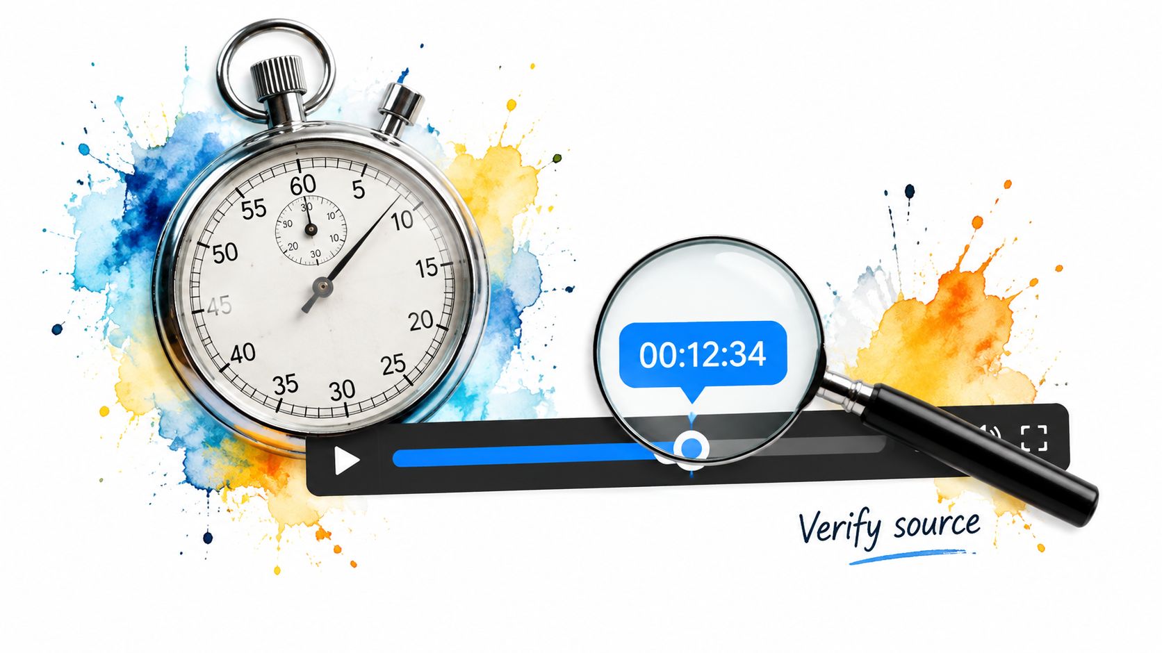 A stopwatch and a magnifying glass over a video player progress bar with text verify source.
