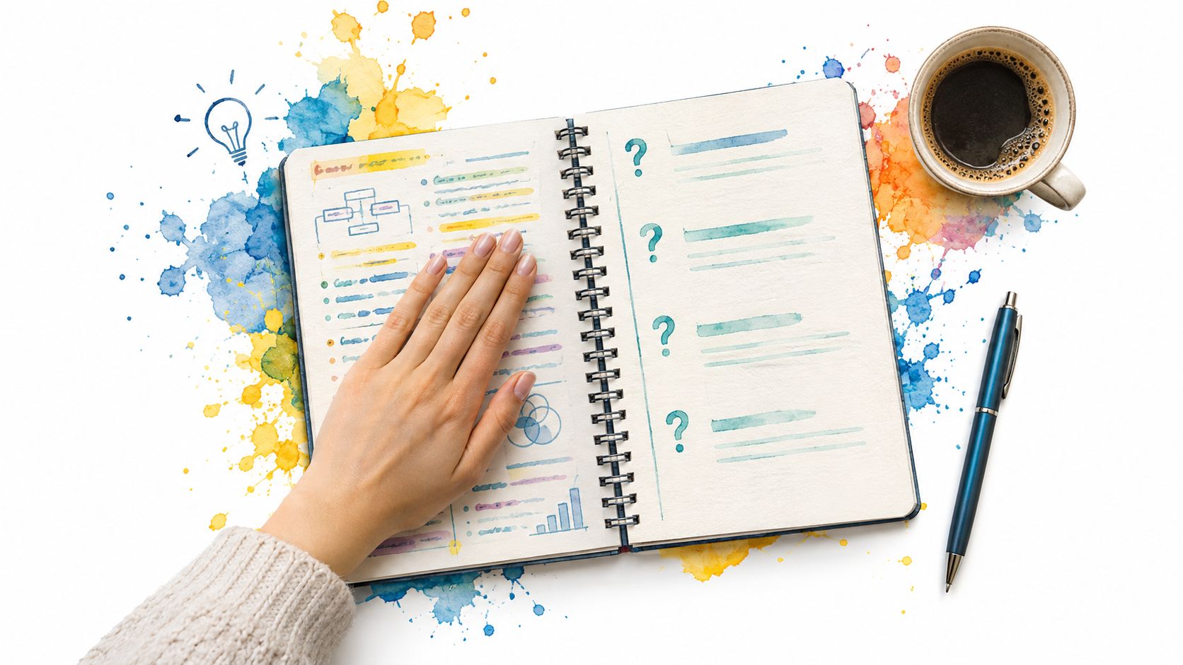 A hand rests on a notebook filled with charts, diagrams, and questions next to coffee and a pen.