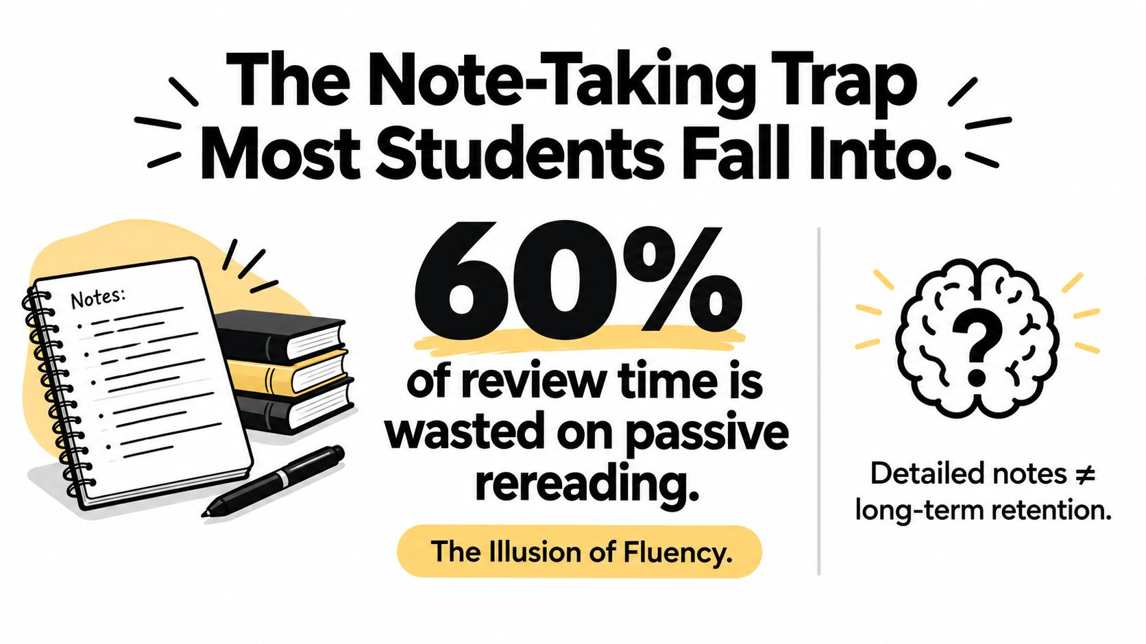 An infographic illustrating that passive rereading of detailed study notes leads to poor long-term information retention.