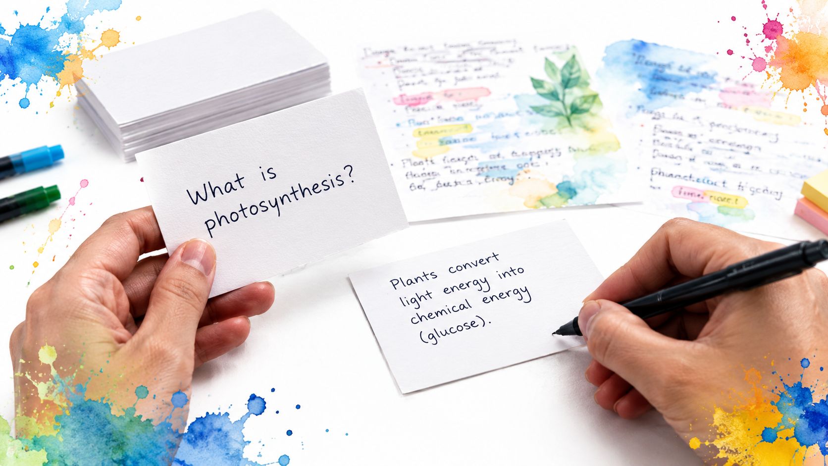 A person writing the definition of photosynthesis on a study flashcard, surrounded by study notes and markers.
