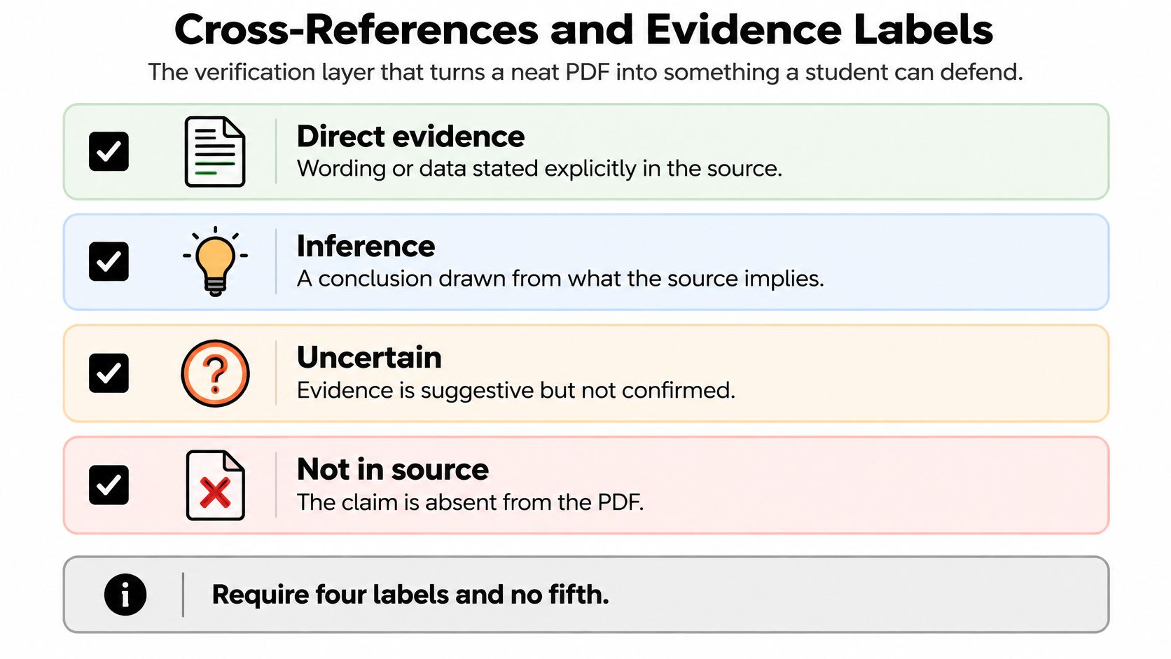 A structured chart defining four labels for verifying information found within PDF documents for academic study.