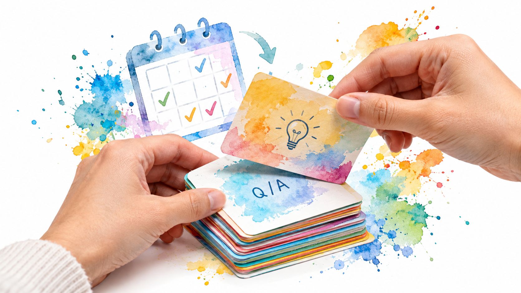A person holding a lightbulb card above a stack of Q and A flashcards next to a calendar.